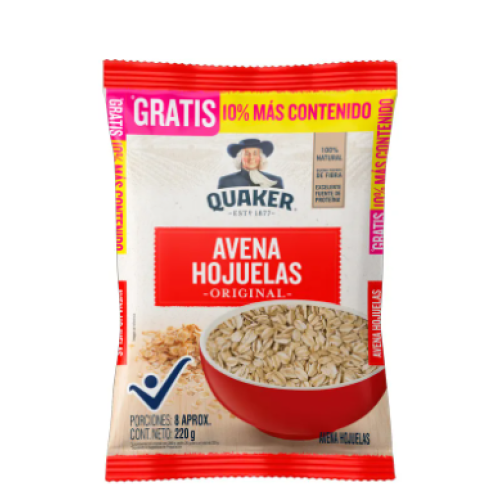Quaker Avena En Hojuelas Original Bolsa X 220 Gramos 