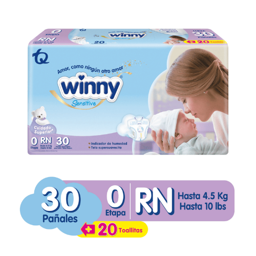 Winny sensitive gold etapa 0 Paquete 30 Unidades+20 toallitas  (MAXIMO 3 X CLIENTE)