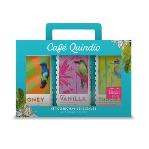 Café Quindio kit cosechas café tostado y molido especiales 3 Bolsas X 80 Gramos 