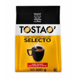 Tostao Café tostado y molido selecto Bolsa X 200 Gramos