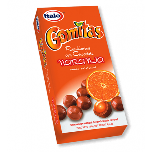 Gomitas Recubiertas con chocolate Sabor Naranja Italo Caja X 125 Gramos 