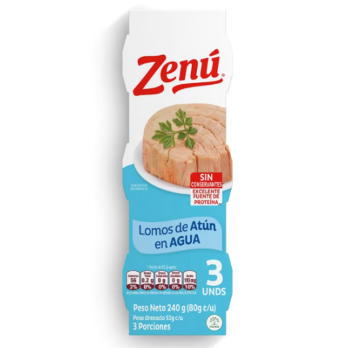 Zenú Lomos de Atún en agua Lata 3 Unidades X  240 Gramos (80 gr)