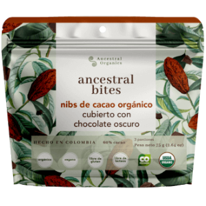 Chocolate oscuro orgánico cubierto de cacao Nibs Bolsa x 75 Gramos 
