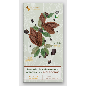 Barra de chocolate oscuro orgánico con Nibs de cacao X 80 Gramos 