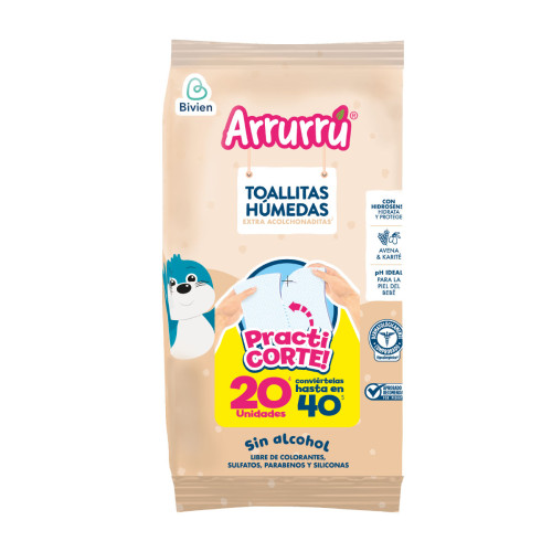Toallitas Húmedas Arrurrú Avena & karité practi corte Paquete X 20 unidades (conviértelas hasta en 40 und)