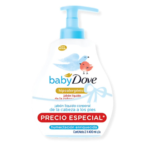 Dove Baby Jabón Líquido Hidratante Enriquecido 2 Frascos X 400 Ml