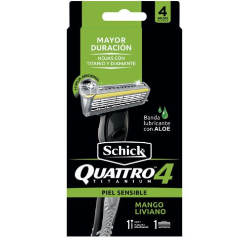 Maquina de afeitar Recargable Schick Quattro titanium piel sensible Caja x 1 Unidad + 3 Cartuchos