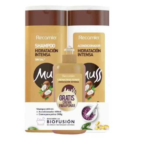 muss hidratación intensa shampoo + acondicionador x 400 ml gratis crema para peinar x 300ml