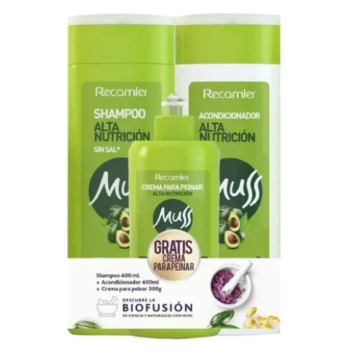 muss alta nutrici shampoo + acondicionador x 400 ml gratis crema para peinar x 300 ml