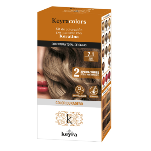 Keyra colors Kit de coloracion permanente con Keratina #7.1 Rubio cenizo caja x 1 Unidad