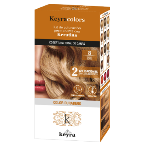 Keyra colors Kit de coloracion permanente con Keratina #8 Rubio claro cenizo caja x 1 Unidad