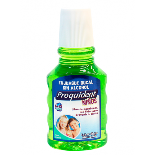Enjuague bucal sin alcohol Proquident niños Sabor chicle mentolado Frasco X 250 Ml 