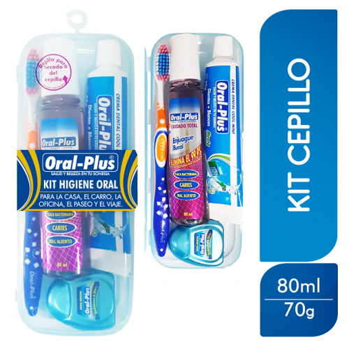 Kit viajero Oral plus cepillo + enjuague bucal 80 Ml + seda + crema dental 70 Gramos