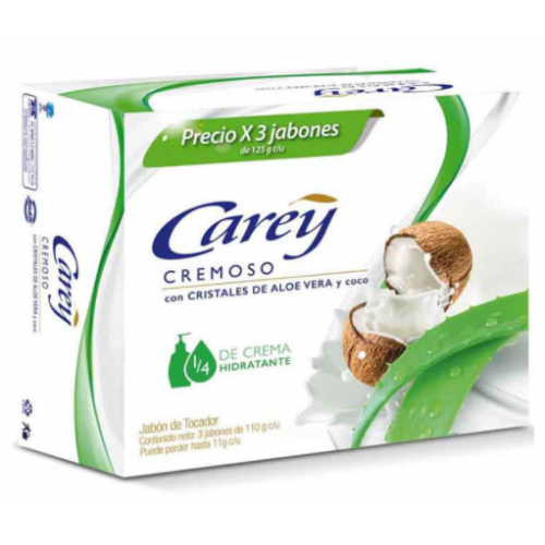 Carey Jabón Cremoso con cristales de aloe vera y coco 3 Barras X 125 Gramos 
