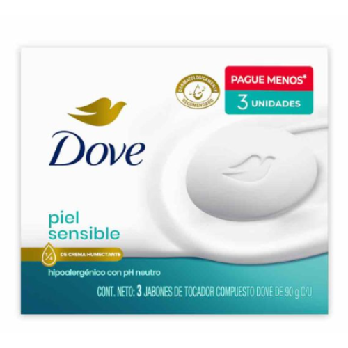 Dove Piel sensible Hipoalergénico con pH Neutro Paquete X 3 Unidades (90gr c/u)