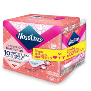 nosotras toallas higienicas multiestilo invisible clásica x 10 unidades gratis 5 protectores