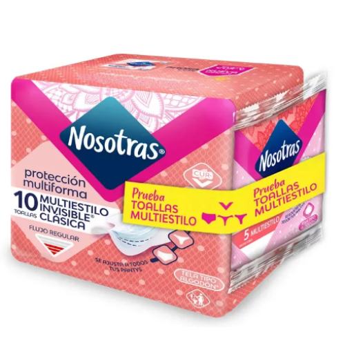 nosotras toallas higienicas multiestilo invisible clásica x 10 unidades gratis 5 protectores
