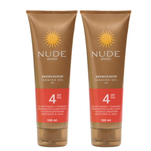 Nude Bronceador en gel Resistente al agua 4 SPF Oferta 2 Tubos x 120 Ml 