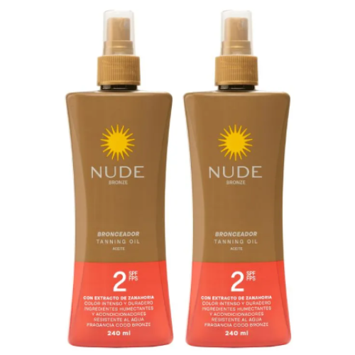 Nude Bronceador Aceite SPF 2 Fragancia coco Resistente al agua 2 SPF  2 Frascos X 240 Ml 