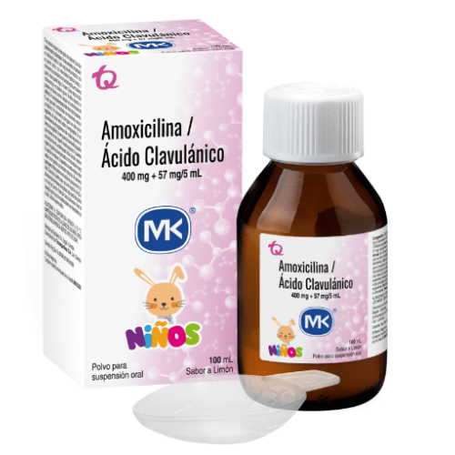 Amoxicilina/ Ácido clavulánico polvo para suspensión oral 400 mg+ 57 mg/ 5 ml Sabor a limón Frasco X 100 Ml 
