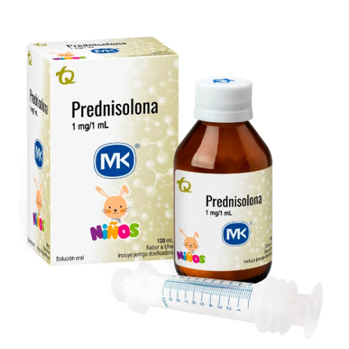 Prednisolona 1 Mg/1 Ml solución oral sabor a uva Frasco X 120 Ml (Incluye jeringa dosificadora)