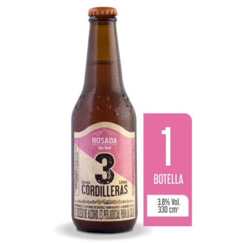 Cerveza artesanal Rosada 3 cordilleras 3.8% Vol. Botella X 300 Ml 