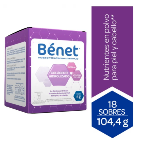 Bénet Colágeno hidrolizado en polvo Caja X 18 Sobres (6 gramos c/u)
