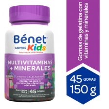 Bénet Gomas Kids Multivitaminas + Minerales Sabor natural a Fruta roja Frasco X 45 Gomas (150gr)