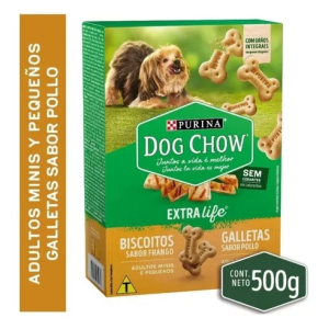 Galletas para perro sabor a pollo Dog chow extra life adultos minis y pequeños Caja X 500 Gramos 